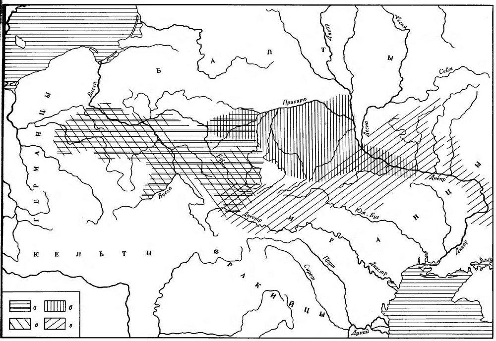 Карта 4. Размещение славян с V в. до н. э. по V в. н. э. по В. В. Седову