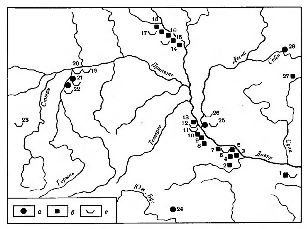 Карта 8. Распространение зарубинецких памятников раннего периода