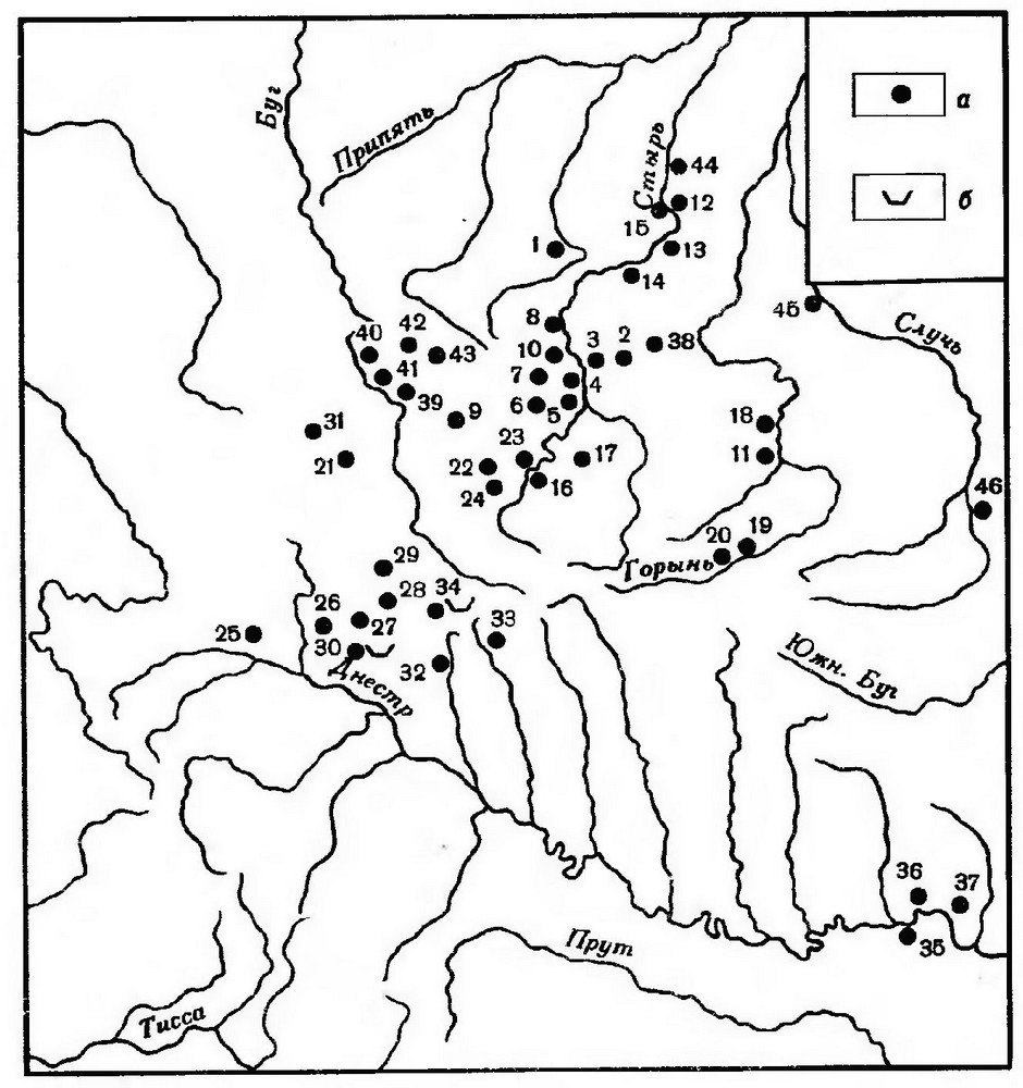 Карта 13. Распространение пшеворских памятников волыно-подольской группы во второй половине I—II в.