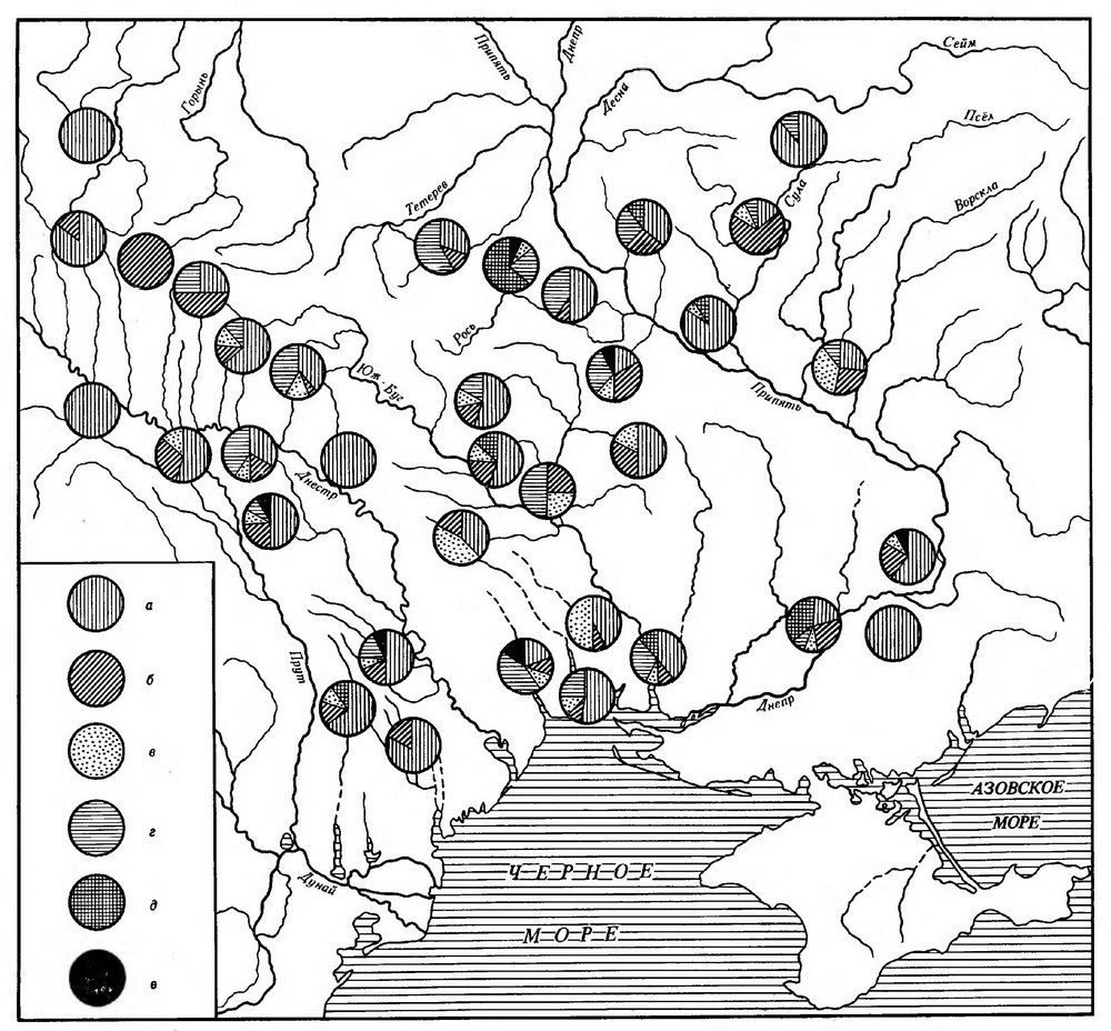 Карта 25. Распространение черняховских трупоположений различной ориентировки