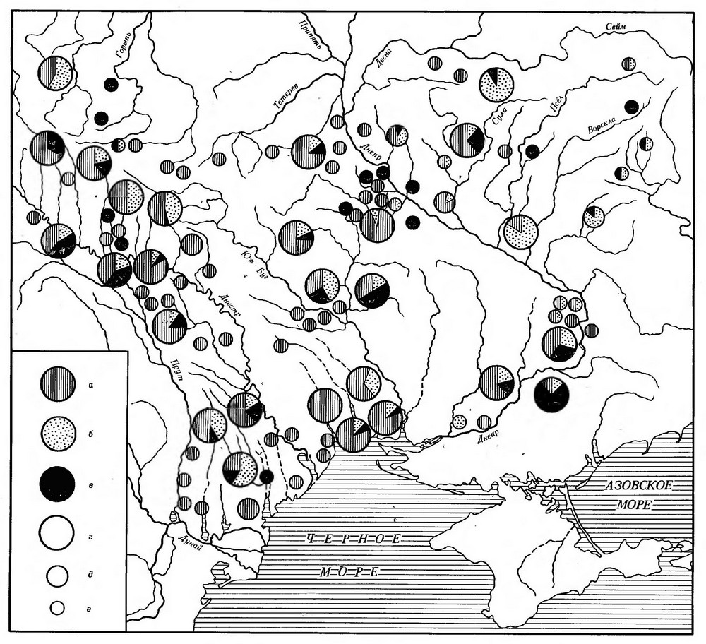 Карта 26. Распространение различных типов захоронений черняховской культуры