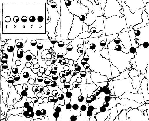 Рис.II-3. Географическое распределение средних величин 3-й канонической переменной для данных Русской антропологической экспедиции