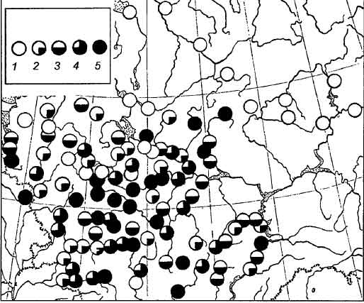 Рис.II-4. Географическое распределение средних величин 4-й канонической переменной для данных Русской антропологической экспедиции