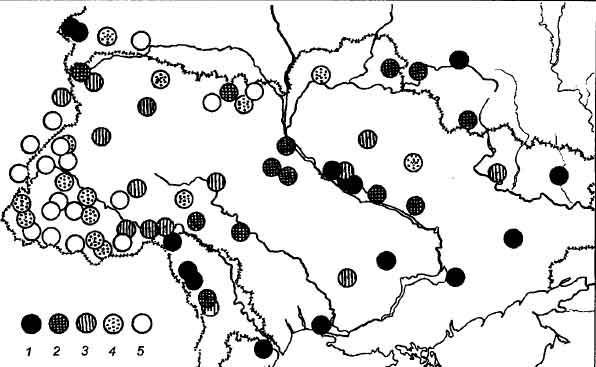 Рис.II-8. Географическое распределение средних величии 1-й канонической переменной для данных Украинской антропологической экспедиции