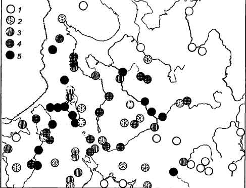 Рис.II-15.Географическое распределение средних величин 2-й канонической переменной по Русскому Северу ( по данным М.В.Витова)