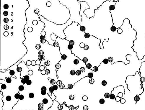 Рис.II-14.Географическое распределение средних величин 1-й канонической переменной по Русскому Северу (по данным М.В.Витова)
