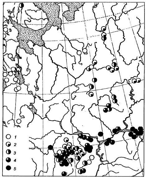 Рис.II-18.Географическое распределение средних величин 1-й канонической переменной для данных по финским и тюркским народам европейской России