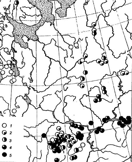 Рис.II-19.Географическое распределение средних величин 2-й канонической переменной дли данных по финским и тюркским народам европейской России