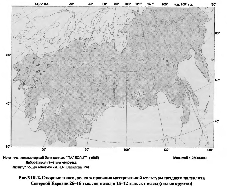 Рис.ХIII-2. Опорные точки для картирования материальной культуры позднего палеолита Северной Евразии 26-16 тыс. лет назад и 15-12 тыс. лет назад (полые кружки)